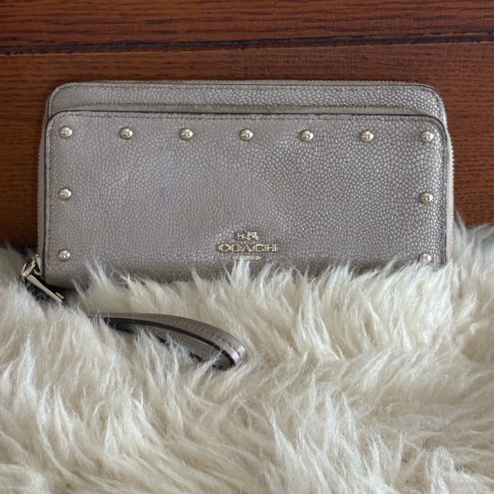Coach Tan Accordion Zip Around with Rivets Leather Wristlet Wallet